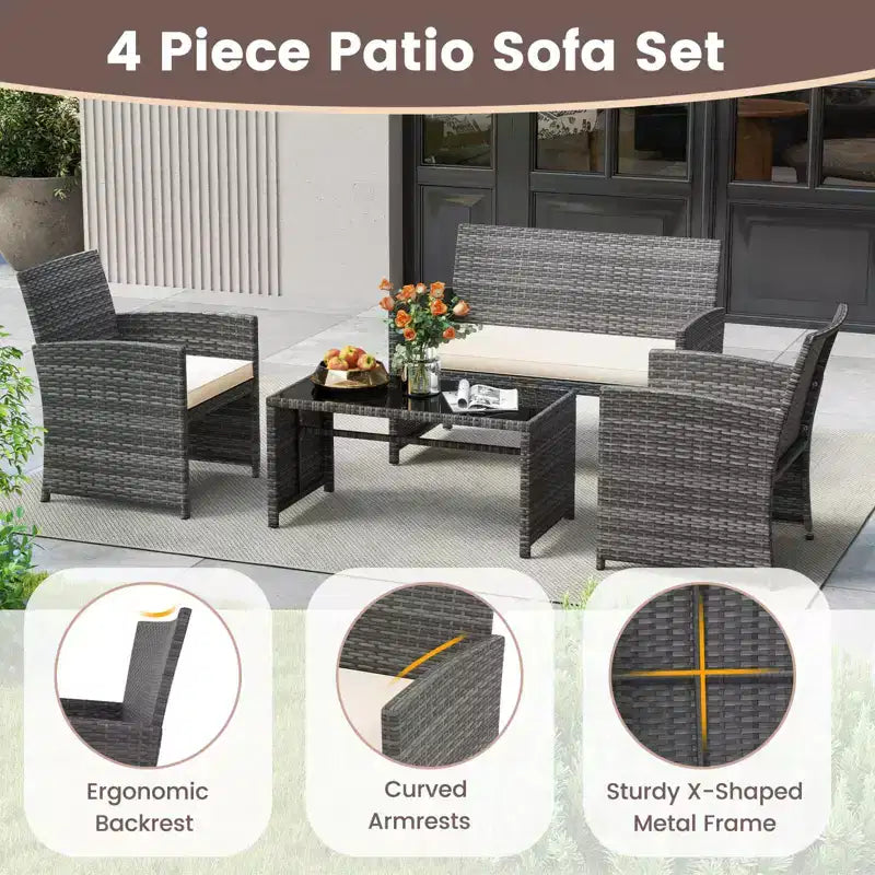 Costway 8-teiliges Terrassen-Sitzgruppen-Set mit Sitzkissen & Tischplatte aus gehärtetem Glas, Outdoor Rot/Schwarz/Off-White/Grau/Türkis/Navy