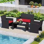 Costway 8-teiliges Terrassen-Sitzgruppen-Set mit Sitzkissen & Tischplatte aus gehärtetem Glas, Outdoor Rot/Schwarz/Off-White/Grau/Türkis/Navy