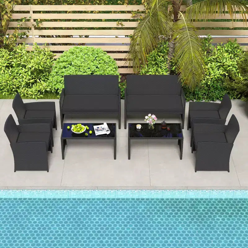 Costway 8-teiliges Terrassen-Sitzgruppen-Set mit Sitzkissen & Tischplatte aus gehärtetem Glas, Outdoor Rot/Schwarz/Off-White/Grau/Türkis/Navy