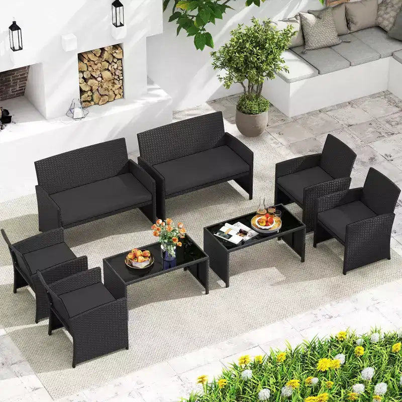 Costway 8 PCS Patio Conversation Set with Seat Cushions & Tempered Glass Tabletop, Outdoor Red/Black/Off-white/Gray/Turquoise/Navy