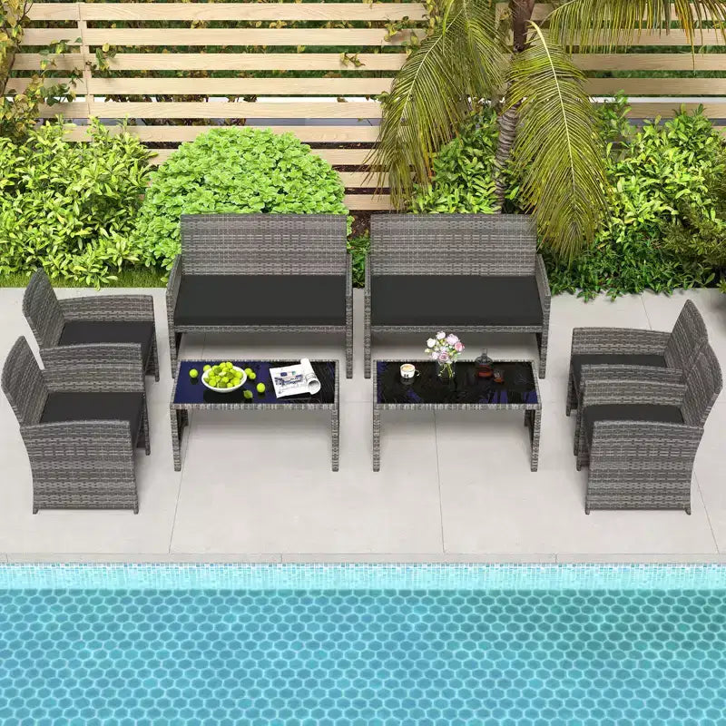 Costway 8-teiliges Terrassen-Sitzgruppen-Set mit Sitzkissen & Tischplatte aus gehärtetem Glas, Outdoor Rot/Schwarz/Off-White/Grau/Türkis/Navy