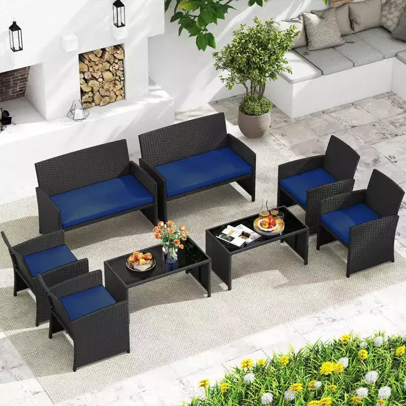 Costway 8-teiliges Terrassen-Sitzgruppen-Set mit Sitzkissen & Tischplatte aus gehärtetem Glas, Outdoor Rot/Schwarz/Off-White/Grau/Türkis/Navy
