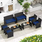 Costway 8-teiliges Terrassen-Sitzgruppen-Set mit Sitzkissen & Tischplatte aus gehärtetem Glas, Outdoor Rot/Schwarz/Off-White/Grau/Türkis/Navy