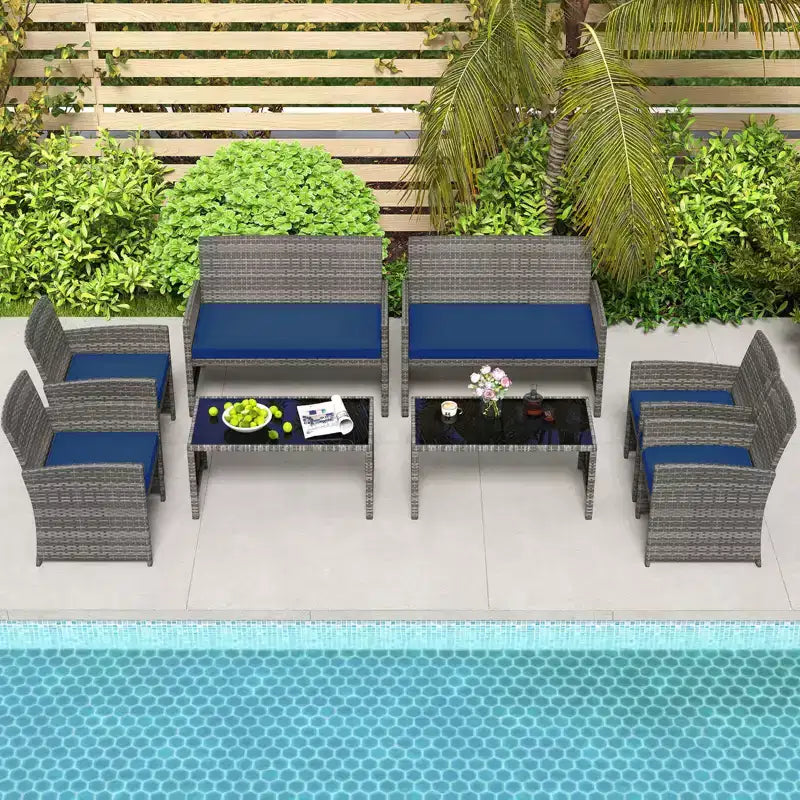 Costway 8-teiliges Terrassen-Sitzgruppen-Set mit Sitzkissen & Tischplatte aus gehärtetem Glas, Outdoor Rot/Schwarz/Off-White/Grau/Türkis/Navy