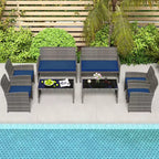 Costway 8-teiliges Terrassen-Sitzgruppen-Set mit Sitzkissen & Tischplatte aus gehärtetem Glas, Outdoor Rot/Schwarz/Off-White/Grau/Türkis/Navy