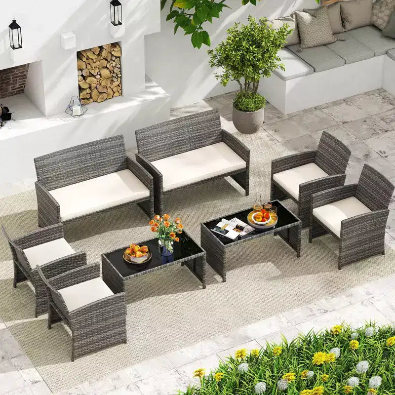 Costway 8-teiliges Terrassen-Sitzgruppen-Set mit Sitzkissen & Tischplatte aus gehärtetem Glas, Outdoor Rot/Schwarz/Off-White/Grau/Türkis/Navy
