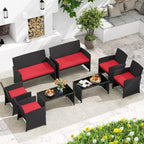 Costway 8-teiliges Terrassen-Sitzgruppen-Set mit Sitzkissen & Tischplatte aus gehärtetem Glas, Outdoor Rot/Schwarz/Off-White/Grau/Türkis/Navy