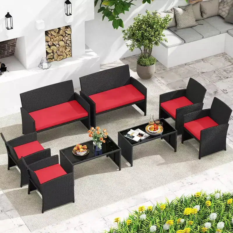 Costway 8-teiliges Terrassen-Sitzgruppen-Set mit Sitzkissen & Tischplatte aus gehärtetem Glas, Outdoor Rot/Schwarz/Off-White/Grau/Türkis/Navy