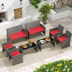 Costway 8-teiliges Terrassen-Sitzgruppen-Set mit Sitzkissen & Tischplatte aus gehärtetem Glas, Outdoor Rot/Schwarz/Off-White/Grau/Türkis/Navy