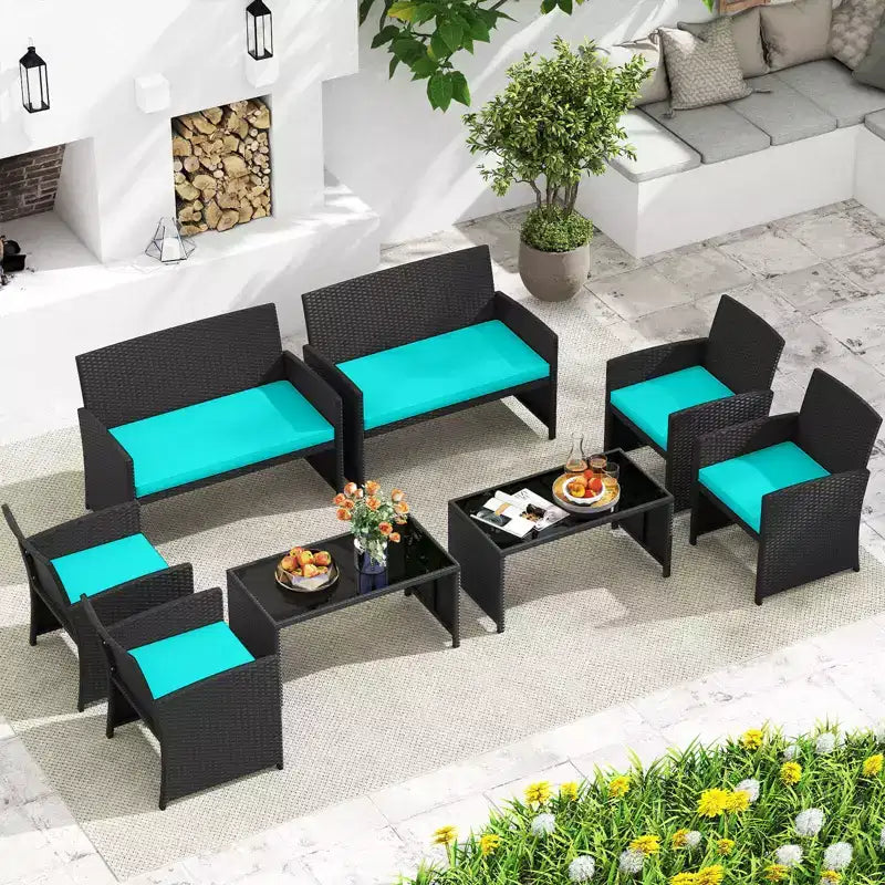 Costway 8-teiliges Terrassen-Sitzgruppen-Set mit Sitzkissen & Tischplatte aus gehärtetem Glas, Outdoor Rot/Schwarz/Off-White/Grau/Türkis/Navy