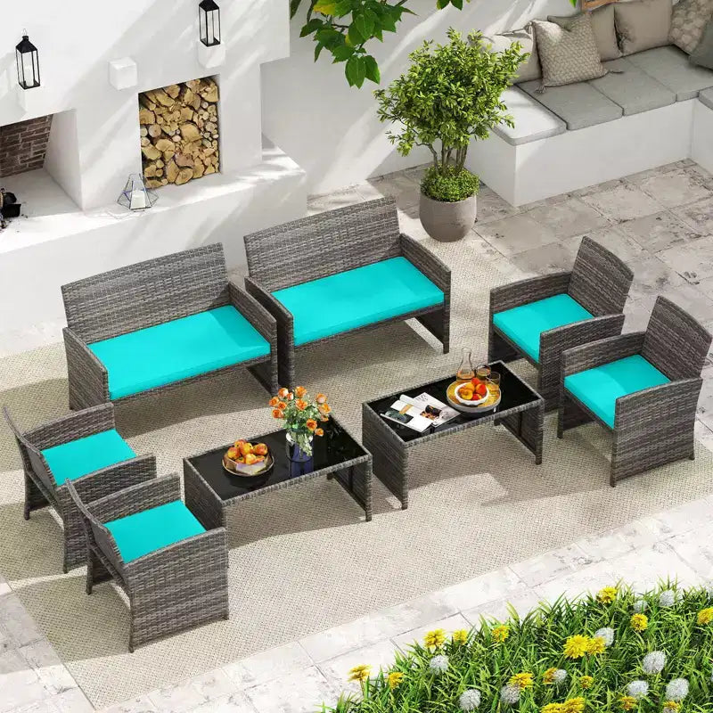 Costway 8-teiliges Terrassen-Sitzgruppen-Set mit Sitzkissen & Tischplatte aus gehärtetem Glas, Outdoor Rot/Schwarz/Off-White/Grau/Türkis/Navy