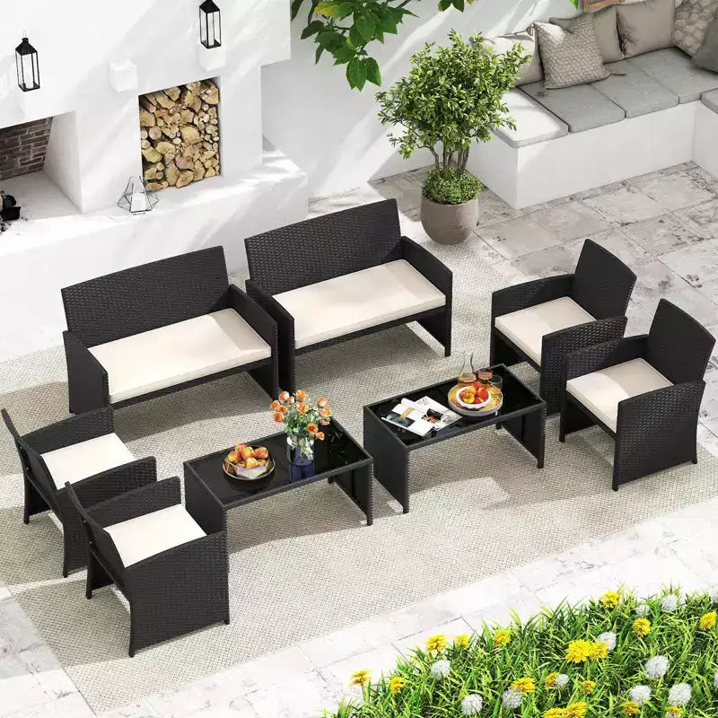 Costway 8-teiliges Terrassen-Sitzgruppen-Set mit Sitzkissen & Tischplatte aus gehärtetem Glas, Outdoor Rot/Schwarz/Off-White/Grau/Türkis/Navy