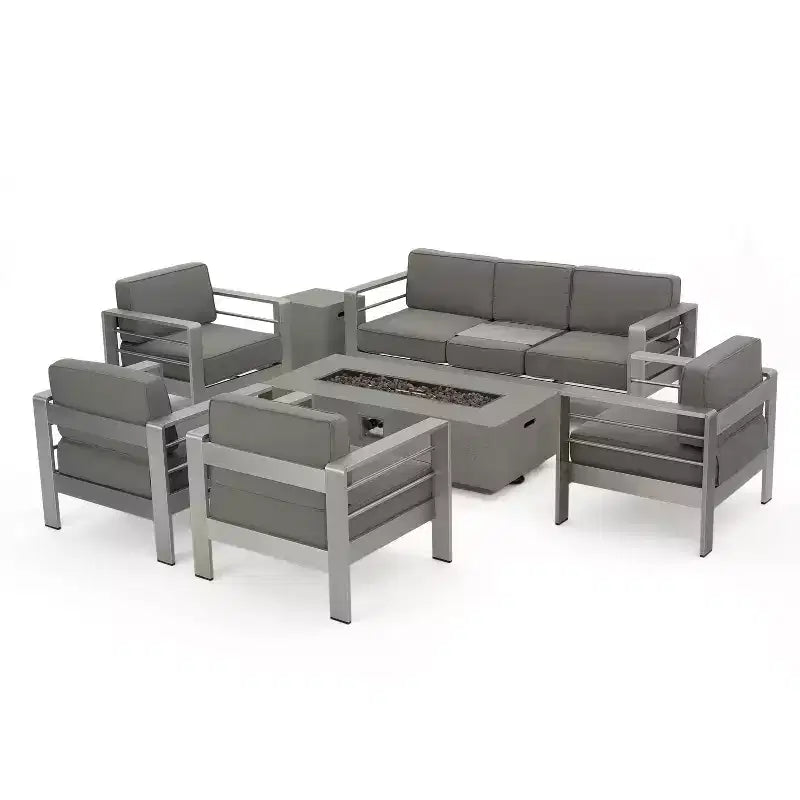 Christopher Knight Home Cape Coral Outdoor 7-Sitzer-Chat-Set aus Aluminium mit Feuertisch
