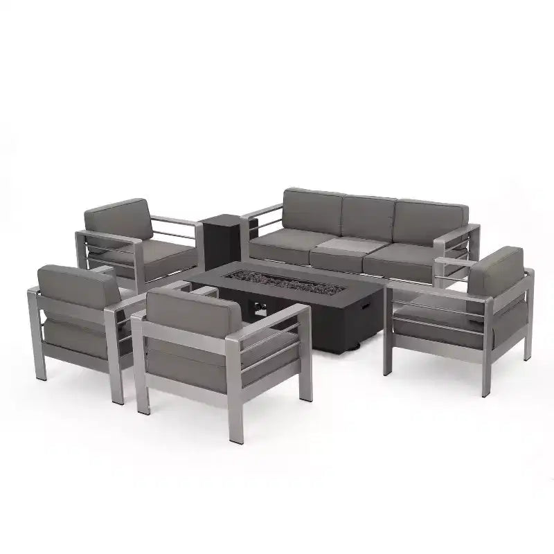 Christopher Knight Home Cape Coral Outdoor 7-Sitzer-Chat-Set aus Aluminium mit Feuertisch