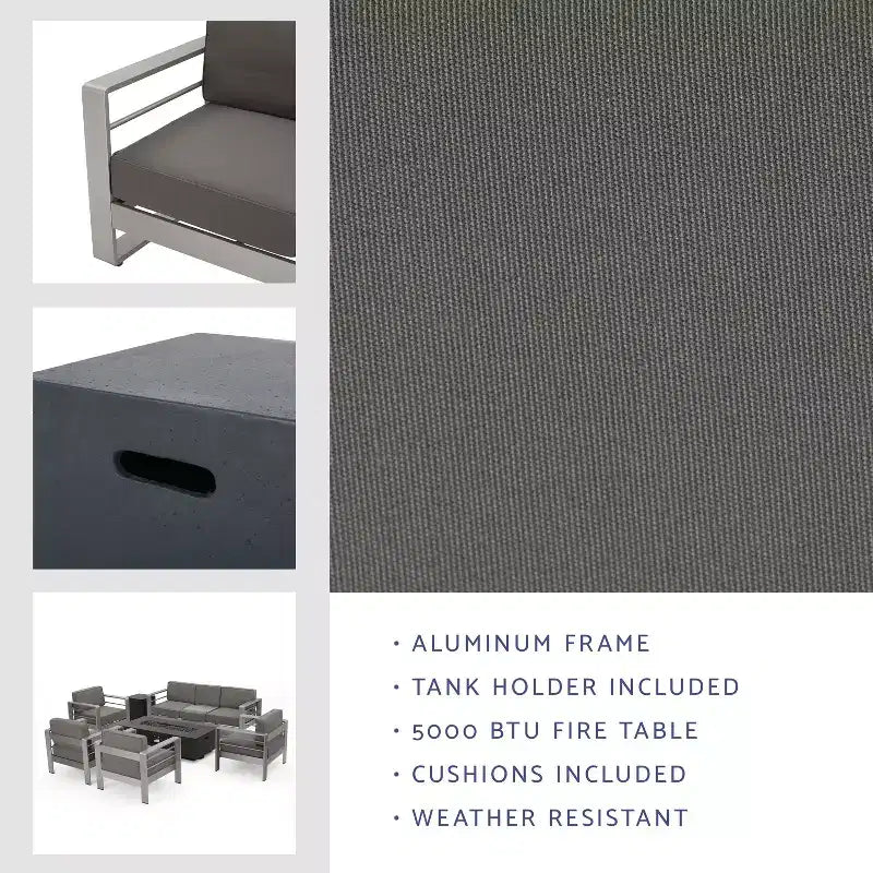 Christopher Knight Home Cape Coral Outdoor 7-Sitzer-Chat-Set aus Aluminium mit Feuertisch
