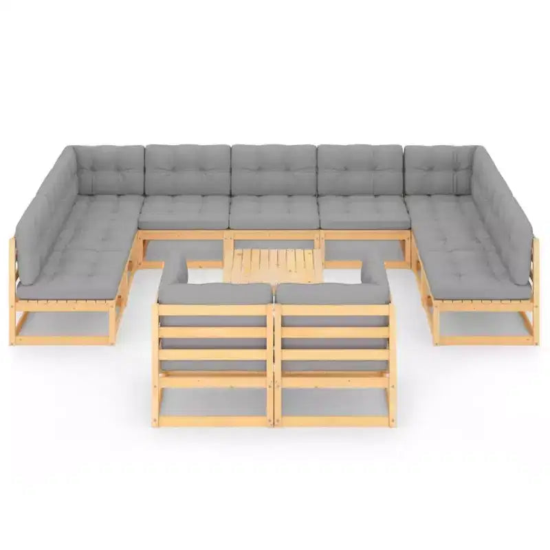 vidaXL Patio Furniture Set 12 Piece Outdoor Sectional Sofa Solid Wood Pine - Natural With Cushions