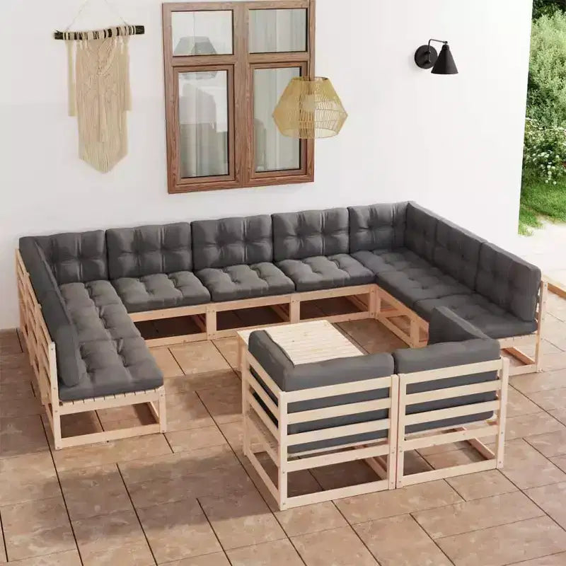 vidaXL Gartenmöbel-Set 12-teilig Lounge-Set Kiefer Massivholz – Natur Mit Kissen