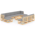 vidaXL Patio Furniture Set 11 Piece Outdoor Sectional Sofa Solid Wood Pine - Natural With Cushion