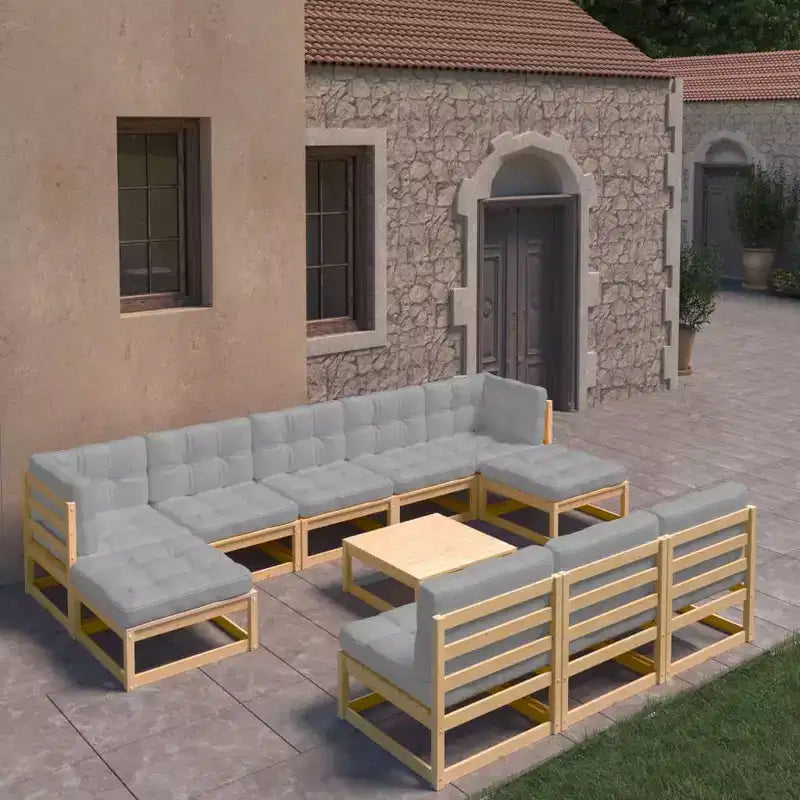 vidaXL Gartenmöbel-Set 11-teilig Outdoor Lounge-Set Kiefer Massivholz – Natur Mit Kissen