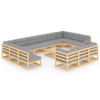 vidaXL 14 Piece Patio Lounge Set with Cushions Solid Wood Pine - Natural With Cushion