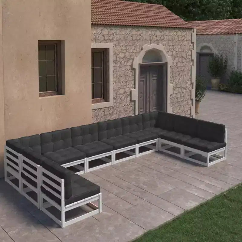 vidaXL 10-teiliges Lounge-Set im Retro-Stil aus massivem Kiefernholz in Weiß – mit bequemen Kissen für Terrasse/Veranda