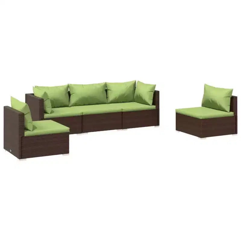 vidaXL Brown Poly Rattan Patio Lounge Set with Cushions - 5 Piece Modular Outdoor Garden Sofa Set, Powder-Coated Steel Frame, Water-Resistant