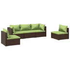 vidaXL Brown Poly Rattan Patio Lounge Set with Cushions - 5 Piece Modular Outdoor Garden Sofa Set, Powder-Coated Steel Frame, Water-Resistant