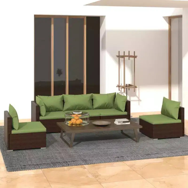 vidaXL Braune Poly Rattan Lounge-Garnitur mit Kissen – Modulare 5-teilige Garten-Sitzgruppe für draußen, pulverbeschichteter Stahlrahmen, wasserabweisend