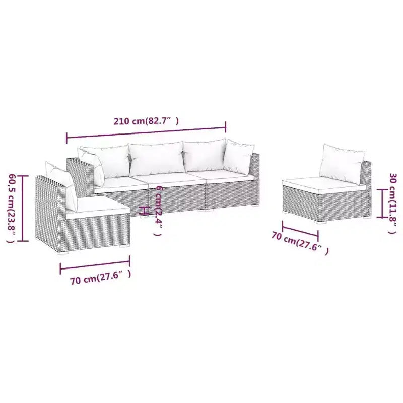 vidaXL Braune Poly Rattan Lounge-Garnitur mit Kissen – Modulare 5-teilige Garten-Sitzgruppe für draußen, pulverbeschichteter Stahlrahmen, wasserabweisend