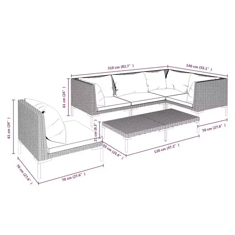vidaXL Garten-Lounge-Set, modulares Sofa-Set für den Außenbereich mit Tisch, Polyrattan, Dunkelgrau