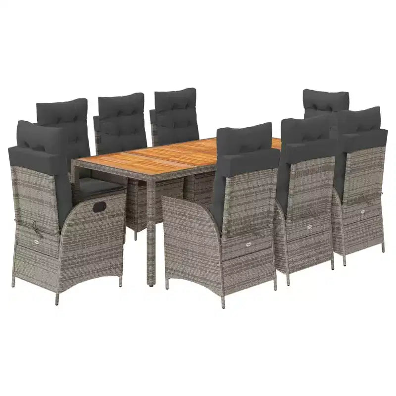 vidaXL 9 Piece Patio Dining Set - Cushion Seating/PE Rattan & Acacia Wood Table/Adjustable Reclining Chairs/Gray/Outdoor Patio Garden Furniture
