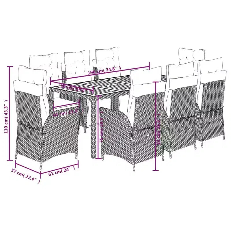 vidaXL 9-teiliges Terrassen-Essgruppe – gepolsterte Sitzgelegenheiten/Polyrattan & Akazienholz-Tisch/verstellbare Liegestühle/Grau/Gartenmöbel für den Außenbereich