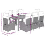 vidaXL 9-teiliges Terrassen-Essgruppe – gepolsterte Sitzgelegenheiten/Polyrattan & Akazienholz-Tisch/verstellbare Liegestühle/Grau/Gartenmöbel für den Außenbereich