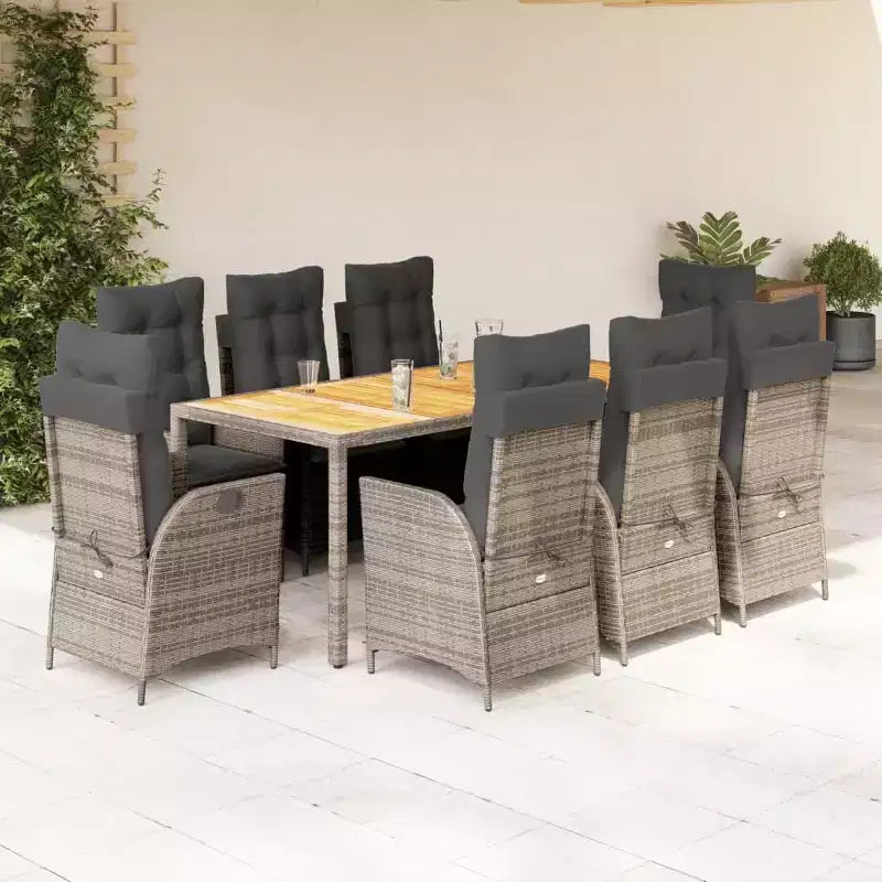 vidaXL 9-teiliges Terrassen-Essgruppe – gepolsterte Sitzgelegenheiten/Polyrattan & Akazienholz-Tisch/verstellbare Liegestühle/Grau/Gartenmöbel für den Außenbereich