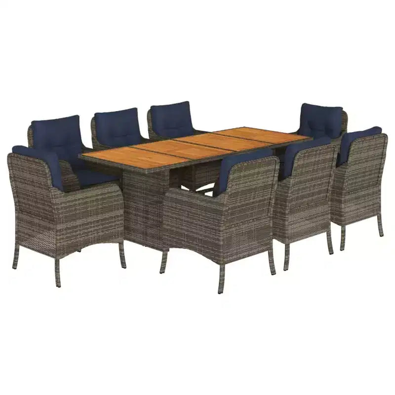 vidaXL 9-Piece Outdoor Patio Dining Set - Gray Poly Rattan & Solid Acacia Wood with Navy Cushions - Weather-Resistant Garden Furniture Set