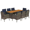 vidaXL 9-Piece Outdoor Patio Dining Set - Gray Poly Rattan & Solid Acacia Wood with Navy Cushions - Weather-Resistant Garden Furniture Set