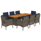 vidaXL 9-Piece Outdoor Patio Dining Set - Gray Poly Rattan & Solid Acacia Wood with Navy Cushions - Weather-Resistant Garden Furniture Set