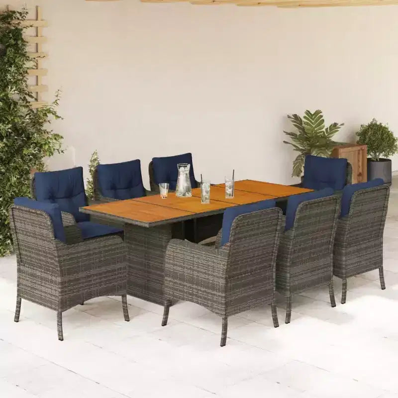vidaXL 9-teiliges Garten-Essgruppe – Grau Polyrattan & Massives Akazienholz mit marineblauen Kissen – Wetterfestes Gartenmöbel-Set
