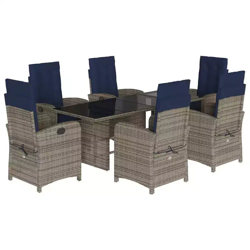 vidaXL 7-Piece Patio Dining Set - Gray Poly Rattan with Navy Blue Cushions, Adjustable Reclining Chairs, Tempered Glass Top Table for Garden/Outdoor