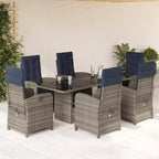 vidaXL 7-teiliges Gartenmöbel-Set – Graues Polyrattan mit marineblauen Kissen, verstellbare Sessel, Tischplatte aus gehärtetem Glas für Garten/Outdoor