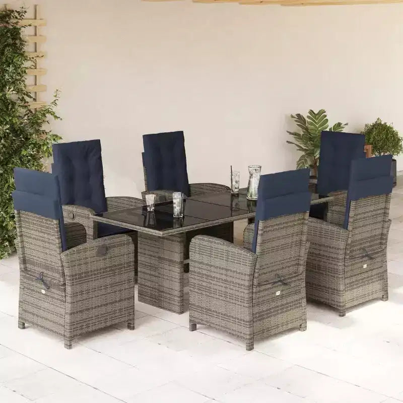 vidaXL 7-teiliges Gartenmöbel-Set – Graues Polyrattan mit marineblauen Kissen, verstellbare Sessel, Tischplatte aus gehärtetem Glas für Garten/Outdoor