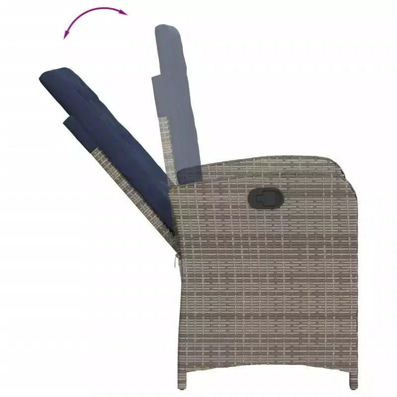 vidaXL 7-teiliges Gartenmöbel-Set – Graues Polyrattan mit marineblauen Kissen, verstellbare Sessel, Tischplatte aus gehärtetem Glas für Garten/Outdoor