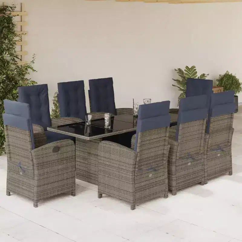 vidaXL 9-teiliges Essgruppe für den Außenbereich – Grau, Polyrattan mit verstellbaren Stühlen, marineblauen Kissen und Tisch aus gehärtetem Glas