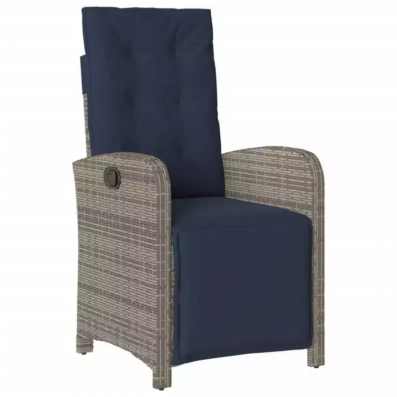 vidaXL 9-teiliges Essgruppe für den Außenbereich – Grau, Polyrattan mit verstellbaren Stühlen, marineblauen Kissen und Tisch aus gehärtetem Glas