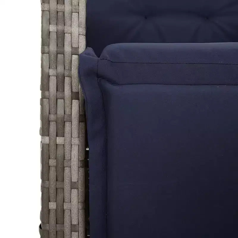 vidaXL 9-teiliges Essgruppe für den Außenbereich – Grau, Polyrattan mit verstellbaren Stühlen, marineblauen Kissen und Tisch aus gehärtetem Glas