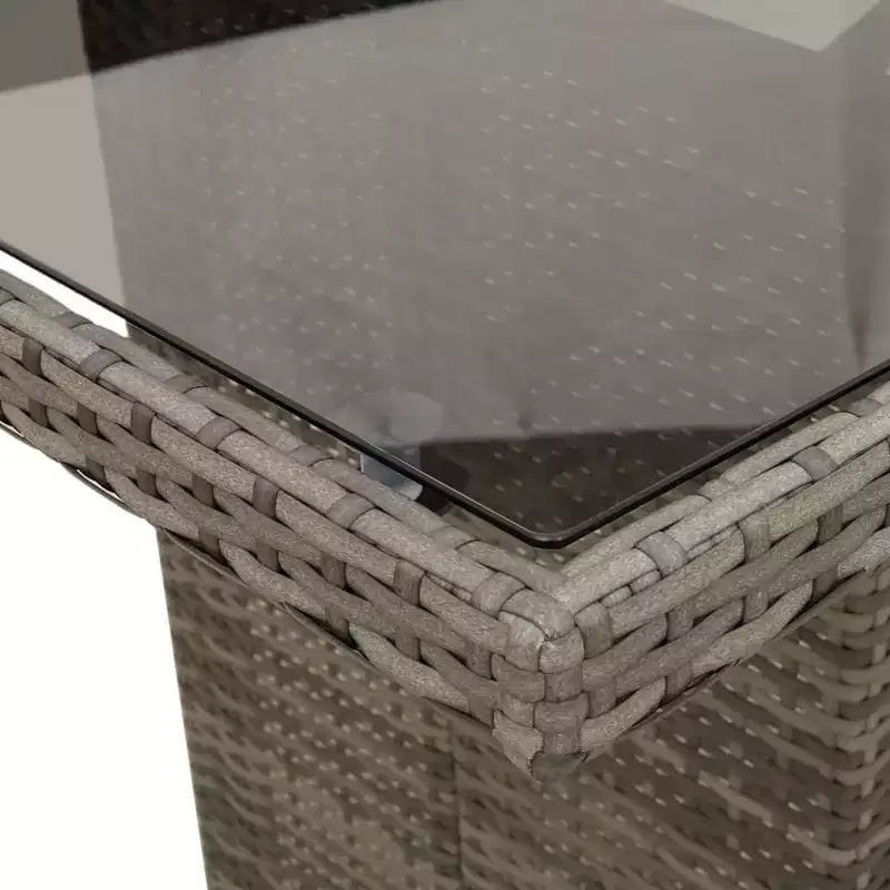 vidaXL 9-teiliges Essgruppe für den Außenbereich – Grau, Polyrattan mit verstellbaren Stühlen, marineblauen Kissen und Tisch aus gehärtetem Glas