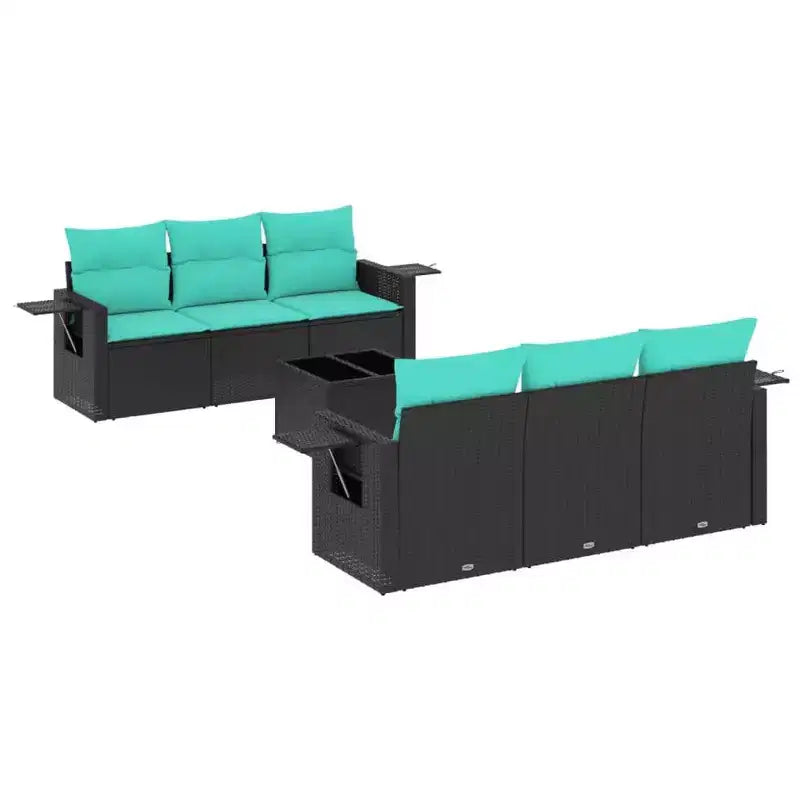 vidaXL 7 Piece Garden Sofa Set with Cushions Black and Blue Poly Rattan