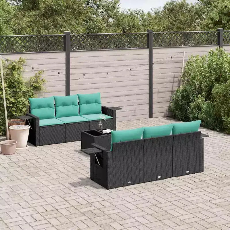 vidaXL 7-teiliges Garten-Sofa-Set mit Kissen Schwarz und Blau Polyrattan