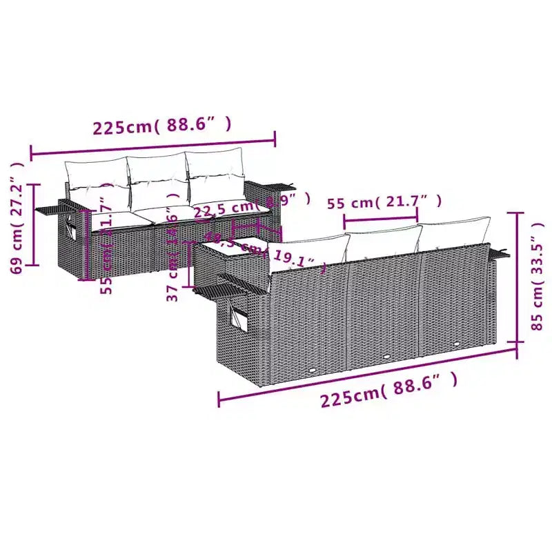 vidaXL 7-teiliges Garten-Sofa-Set mit Kissen Schwarz und Blau Polyrattan