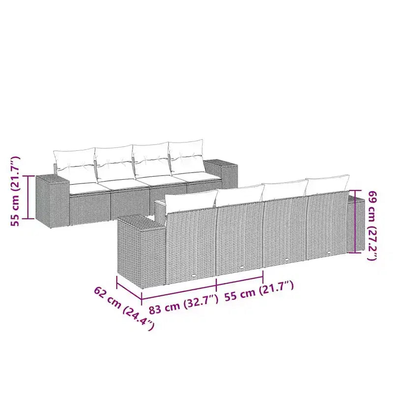 vidaXL Gartensitzgruppe mit Kissen Outdoor-Möbel 9-teilig Polyrattan - Schwarz und Creme